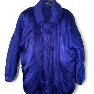Vintage 80s 90s Royal Blue Satin Down Puffer Jacket Sculpted Pocket Design